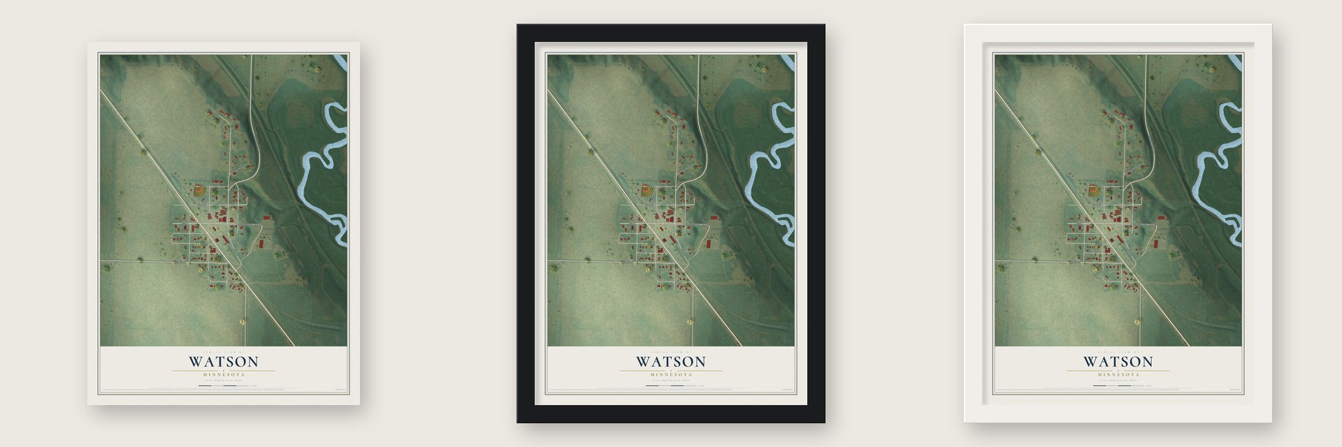 Watson, Minnesota map unframed, in a black wood frame and in a white wood frame