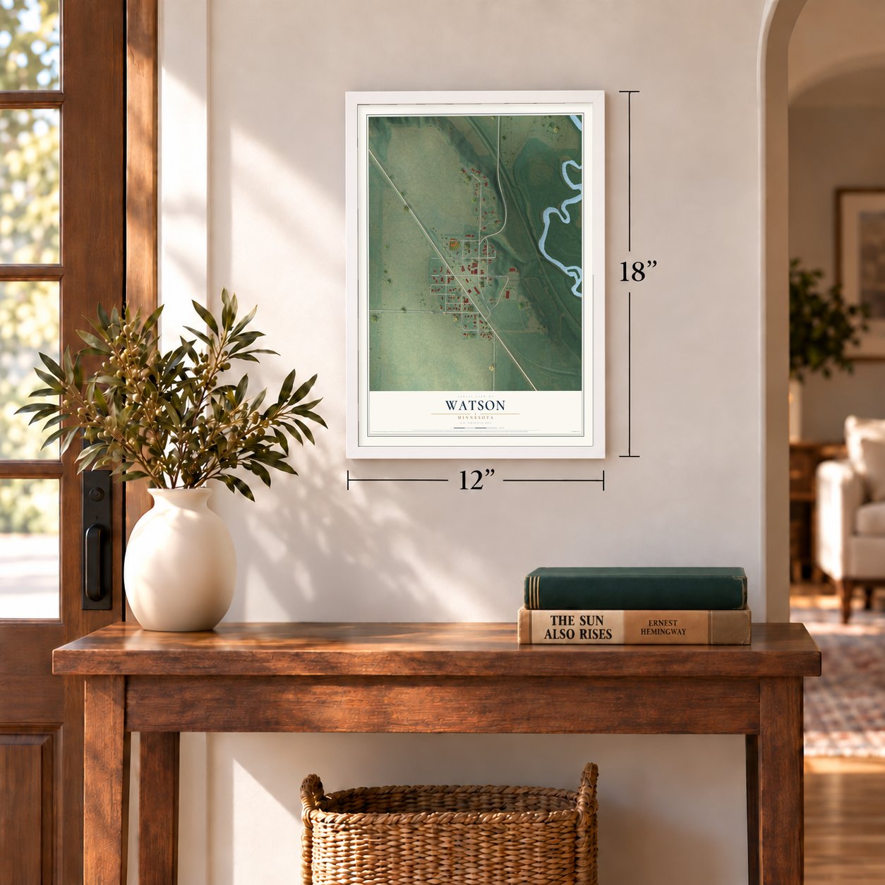 Watson, Minnesota map, 12 x 18 inch print in a white frame in an entryway