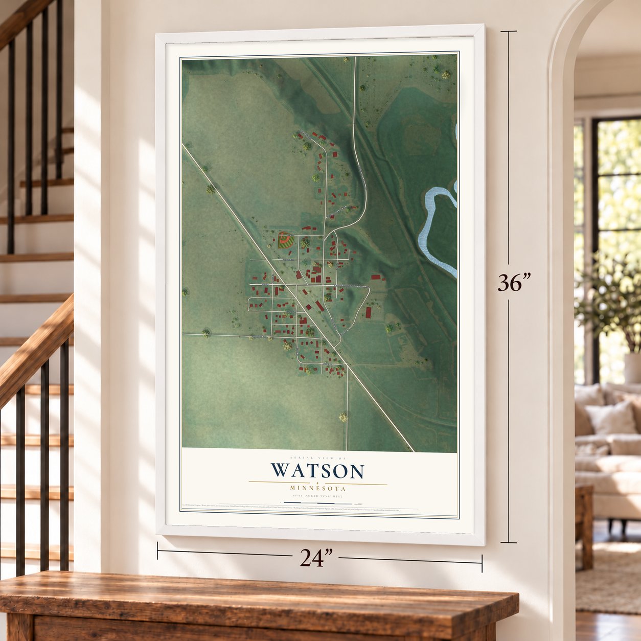 Watson, Minnesota map, 24 x 36 inch print in a white frame by a staircase