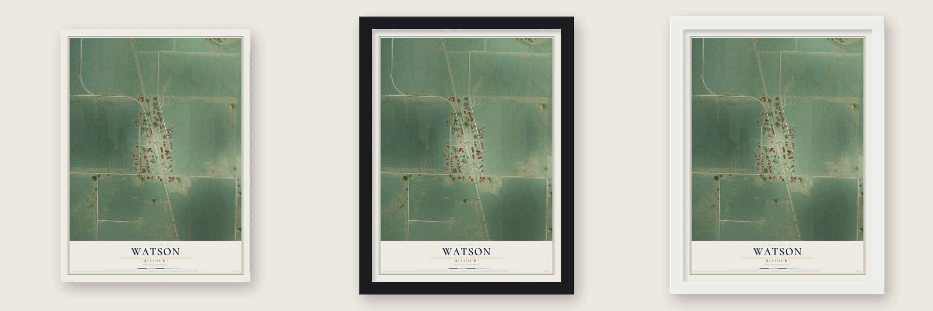 Watson, Missouri map unframed, in a black wood frame and in a white wood frame