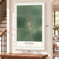 Watson, Missouri map, 24 x 36 inch print in a white frame by a staircase