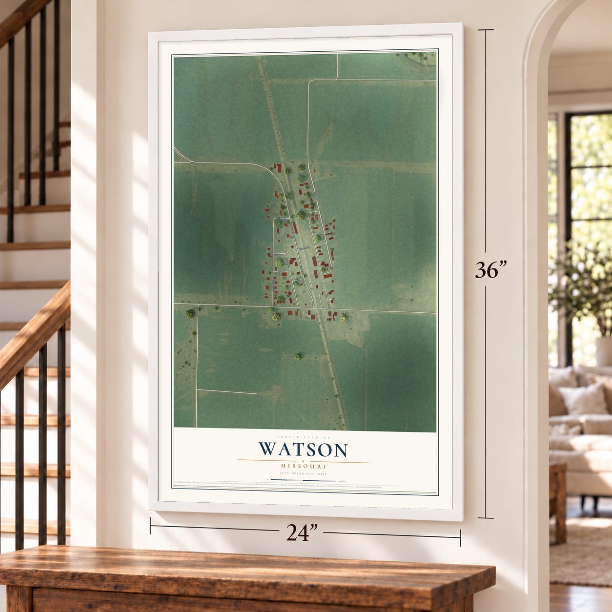Watson, Missouri map, 24 x 36 inch print in a white frame by a staircase