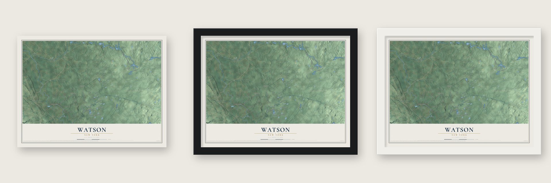 Watson, New York map unframed, in a black wood frame and in a white wood frame