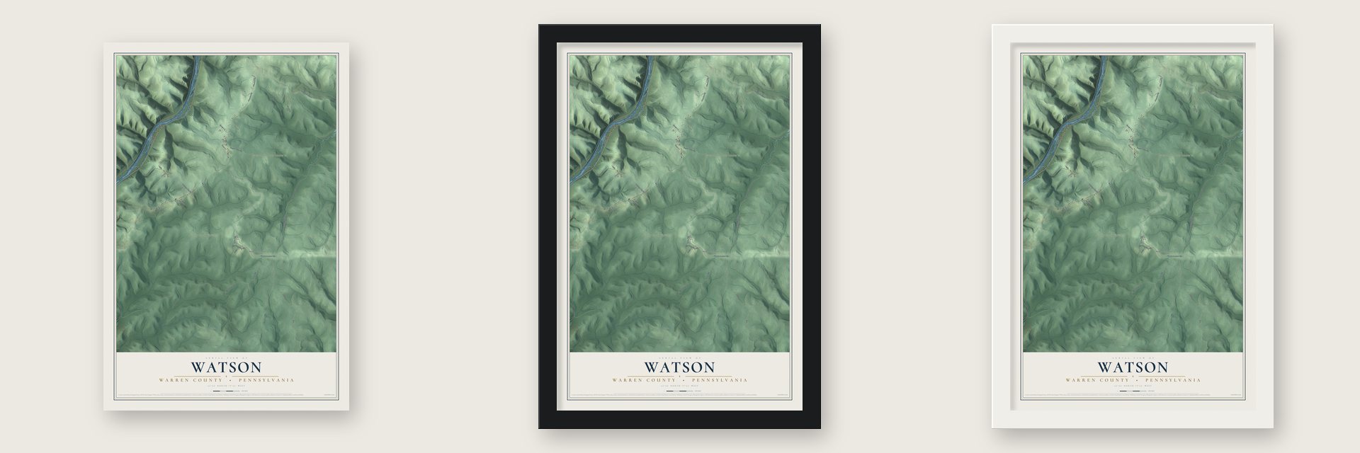 Watson, Warren County, Pennsylvania map unframed, in a black wood frame and in a white wood frame