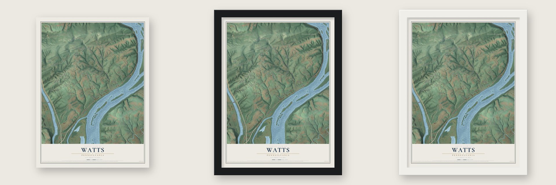 Watts, Pennsylvania map unframed, in a black wood frame and in a white wood frame