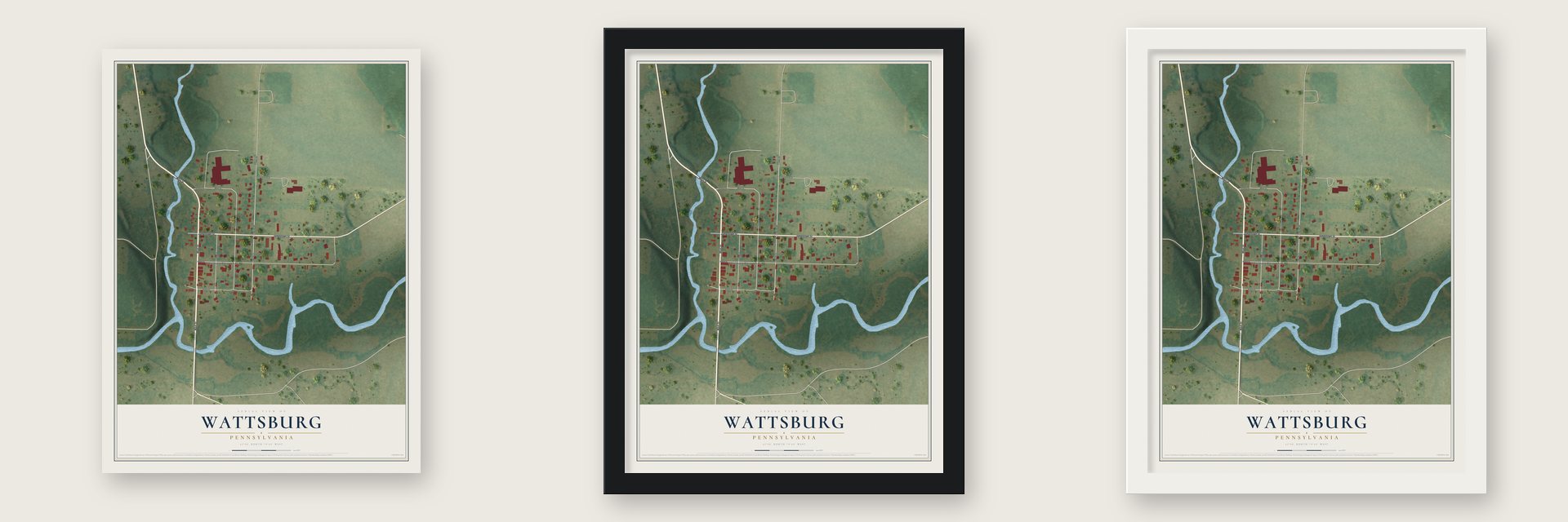 Wattsburg, Pennsylvania map unframed, in a black wood frame and in a white wood frame