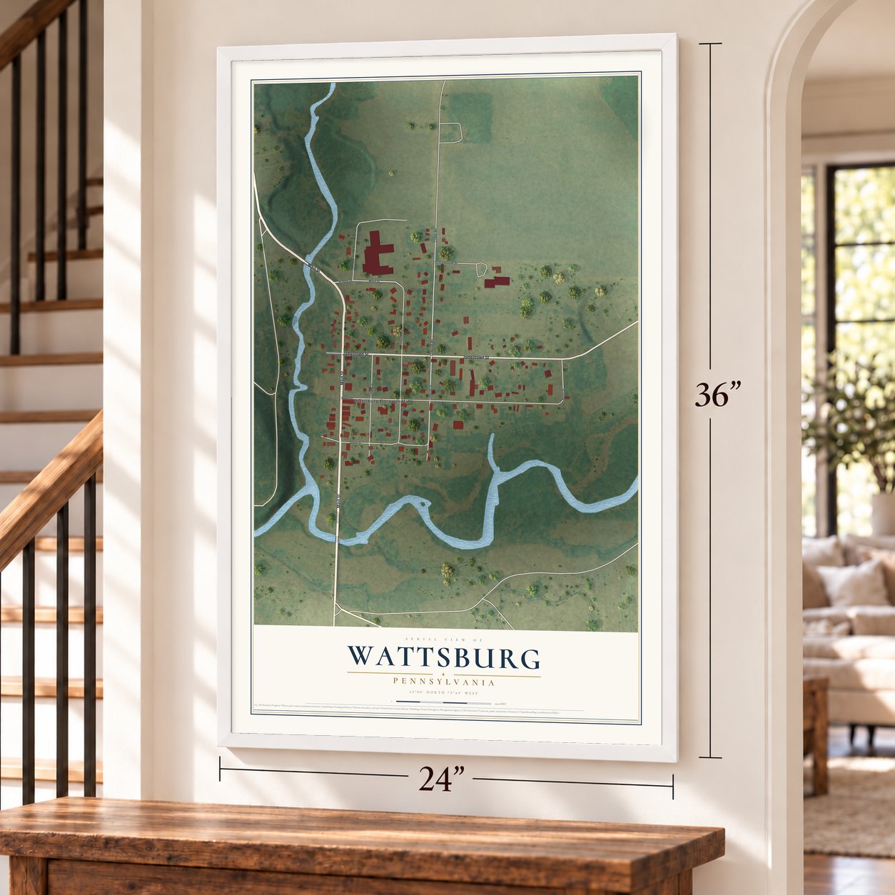 Wattsburg, Pennsylvania map, 24 x 36 inch print in a white frame by a staircase