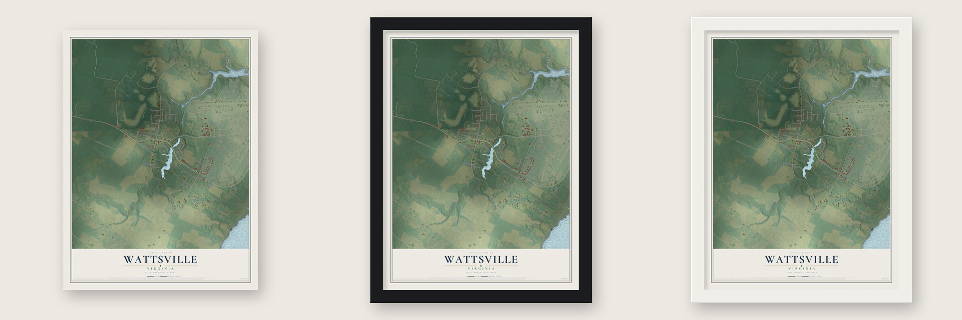 Wattsville, Virginia map unframed, in a black wood frame and in a white wood frame