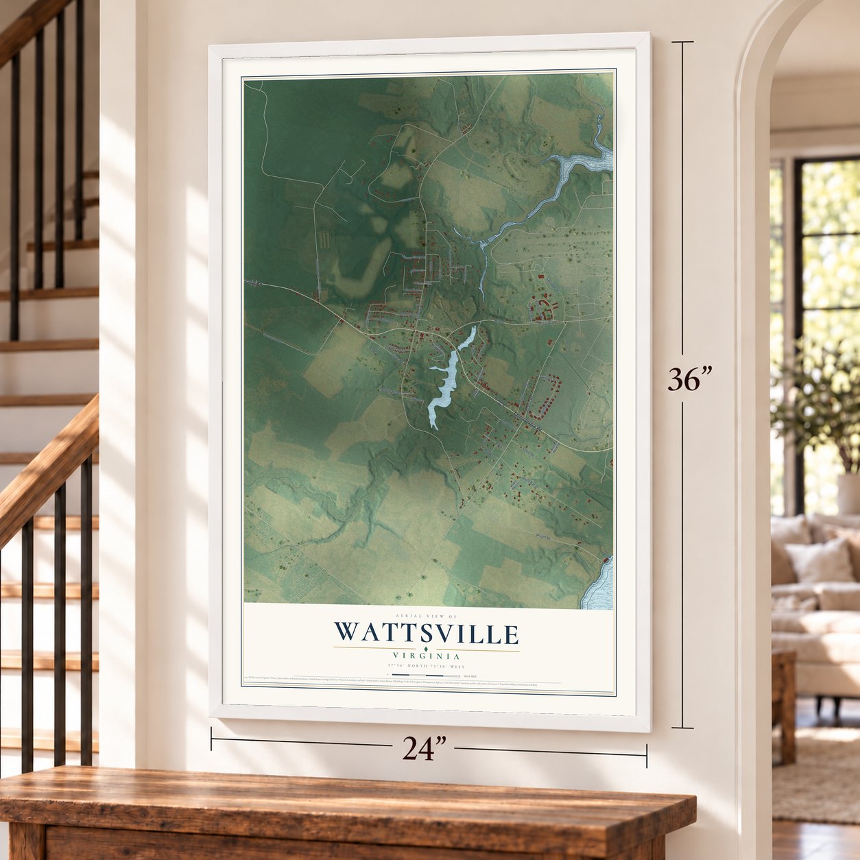Wattsville, Virginia map, 24 x 36 inch print in a white frame by a staircase