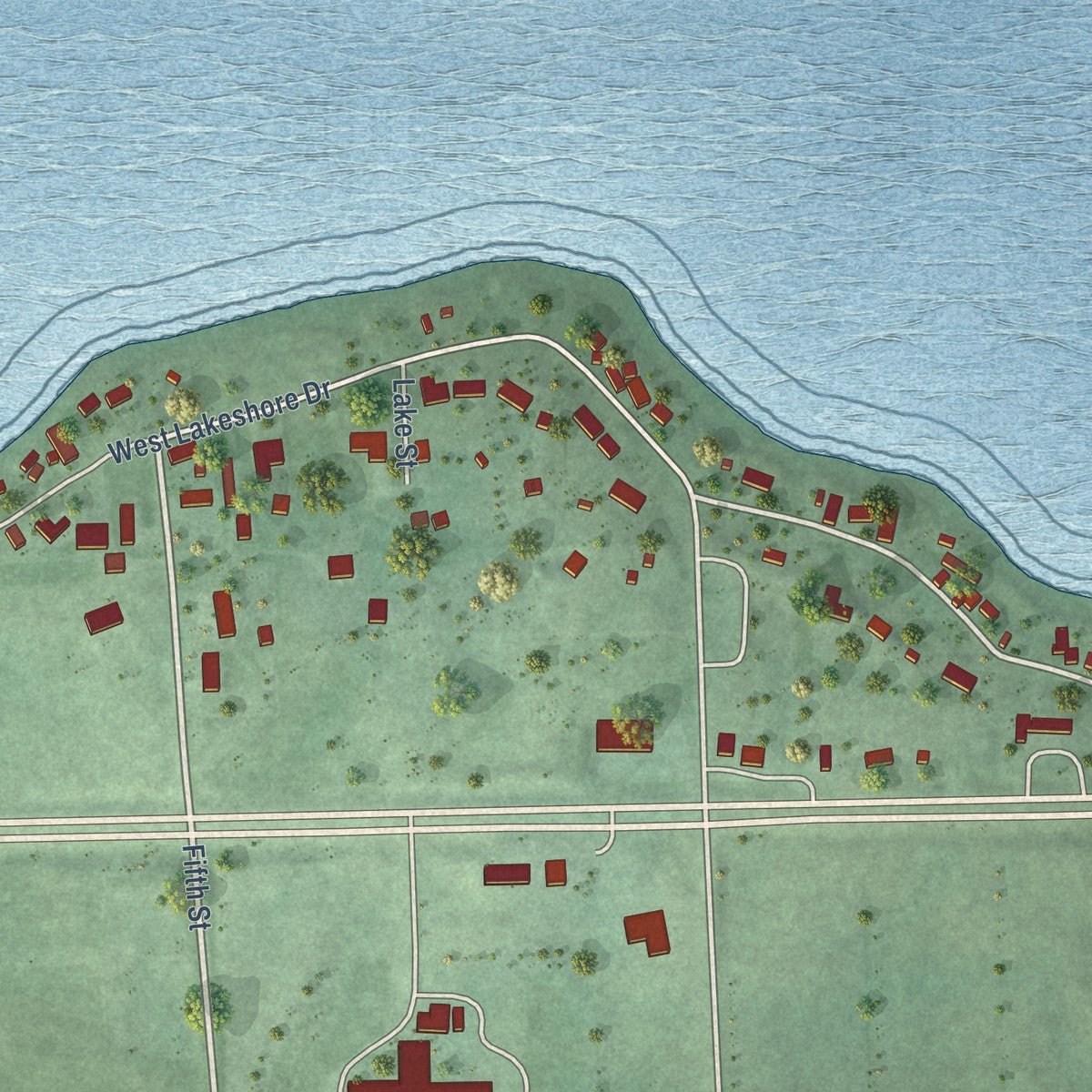 Second close-up of the map of Waubay, South Dakota print showing more streets and buildings