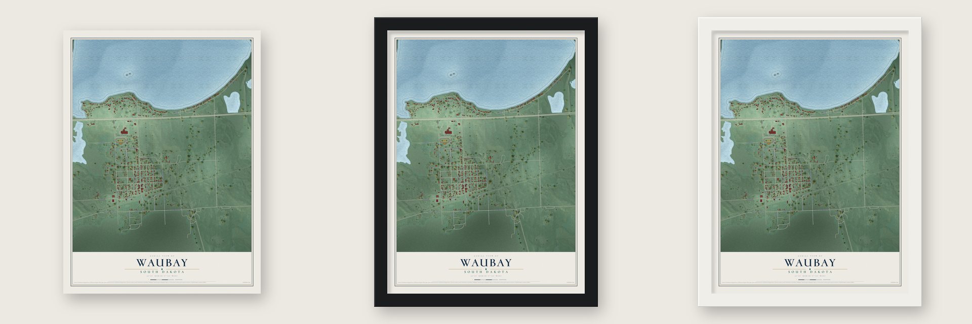 Waubay, South Dakota map unframed, in a black wood frame and in a white wood frame