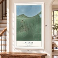 Waubay, South Dakota map, 24 x 36 inch print in a white frame by a staircase