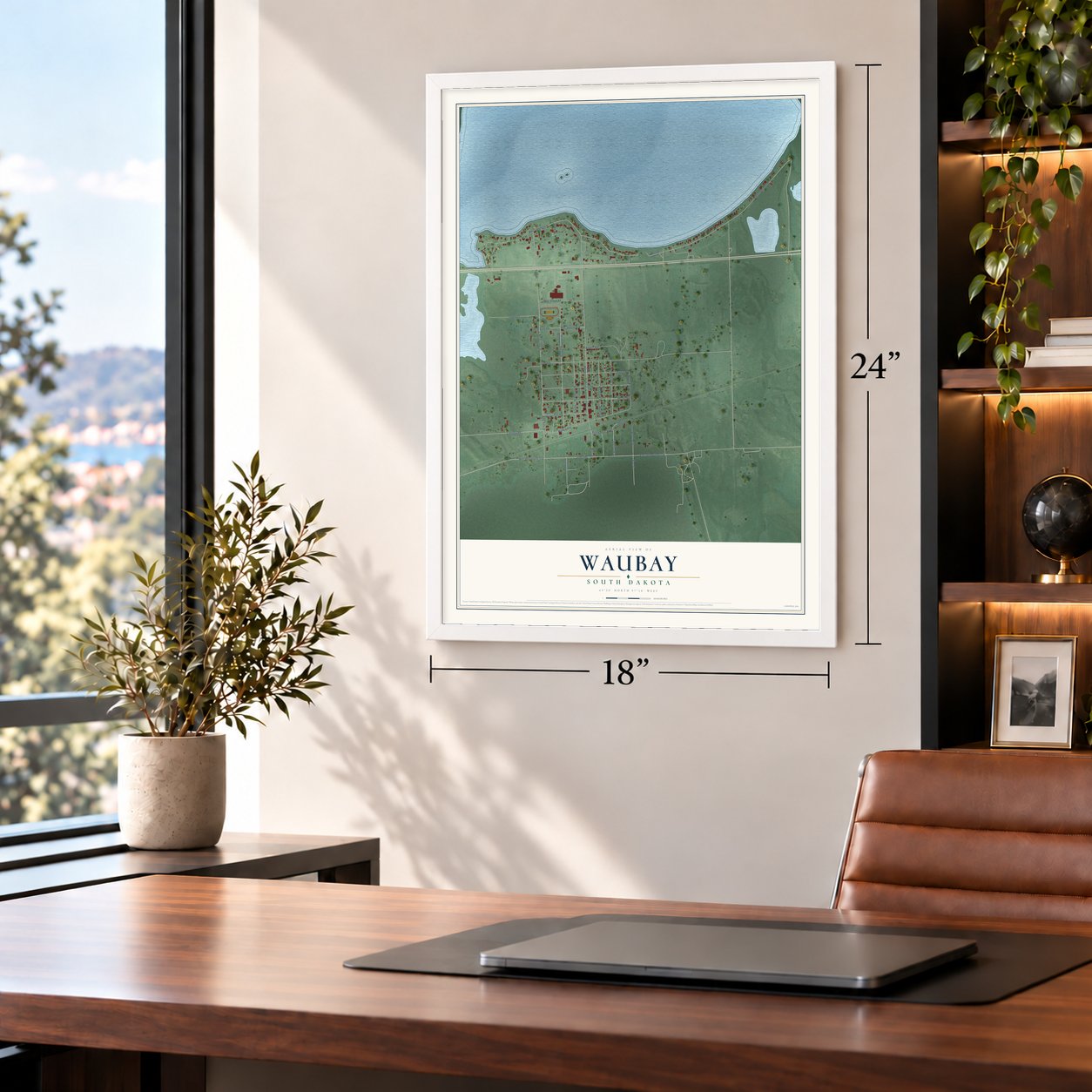 Waubay, South Dakota map, 18 x 24 inch print in a white frame in a home office