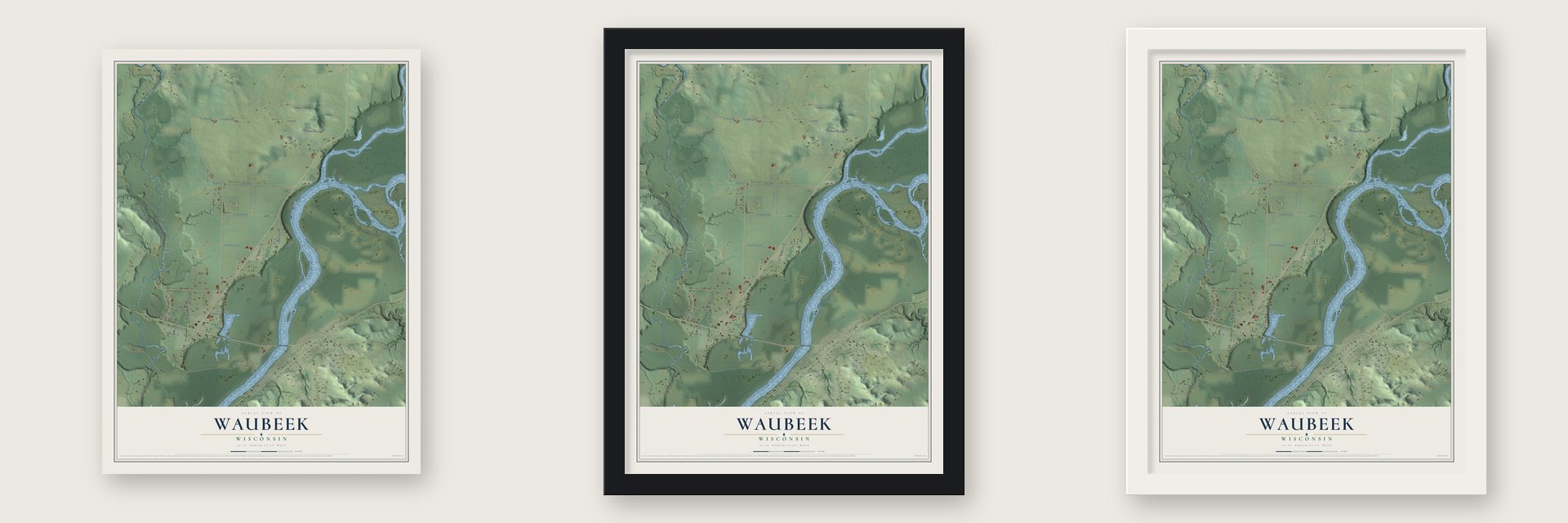 Waubeek, Wisconsin map unframed, in a black wood frame and in a white wood frame