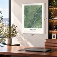 Waubeek, Wisconsin map, 18 x 24 inch print in a white frame in a home office