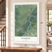 Waubeek, Wisconsin map, 24 x 36 inch print in a white frame by a staircase