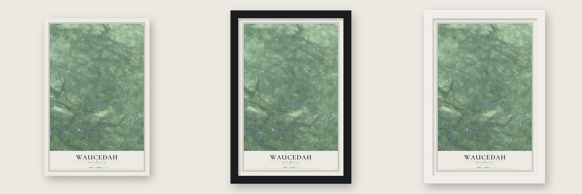 Waucedah, Michigan map unframed, in a black wood frame and in a white wood frame
