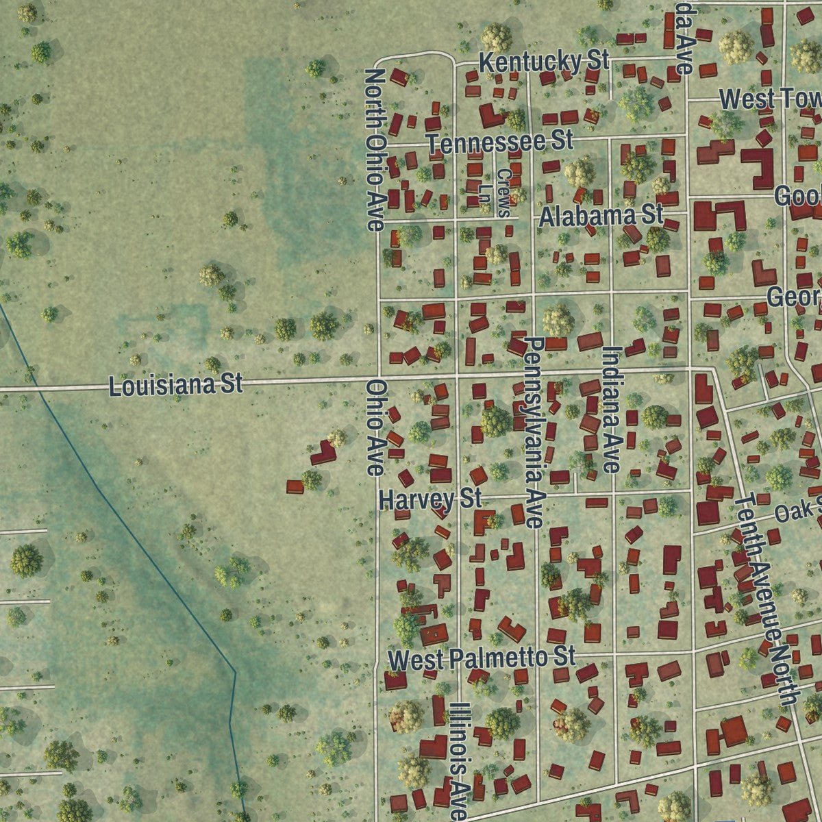 Second close-up of the map of Wauchula, Florida print showing more streets and buildings