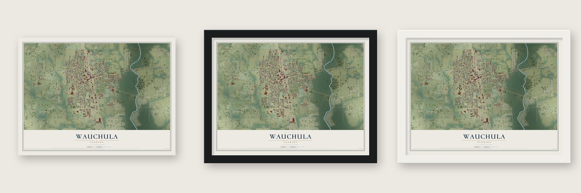Wauchula, Florida map unframed, in a black wood frame and in a white wood frame