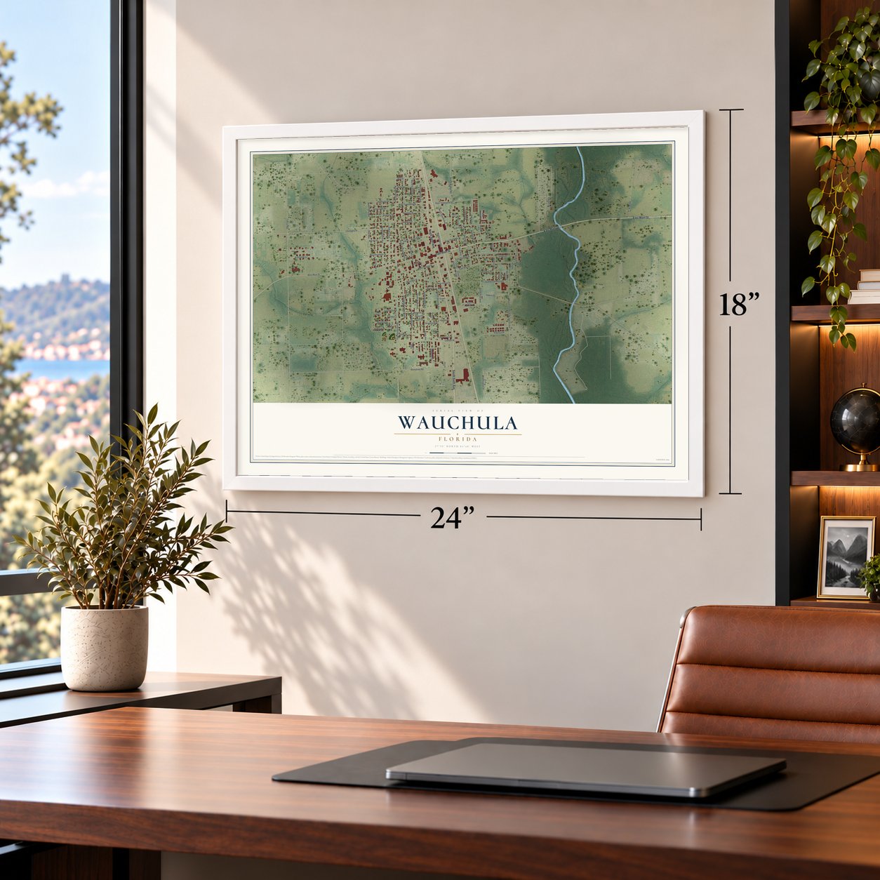 Wauchula, Florida map, 18 x 24 inch print in a white frame in a home office