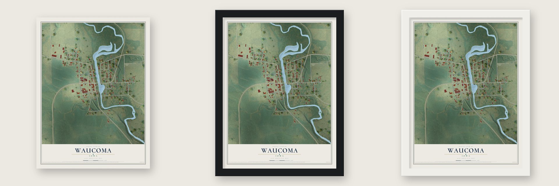 Waucoma, Iowa map unframed, in a black wood frame and in a white wood frame