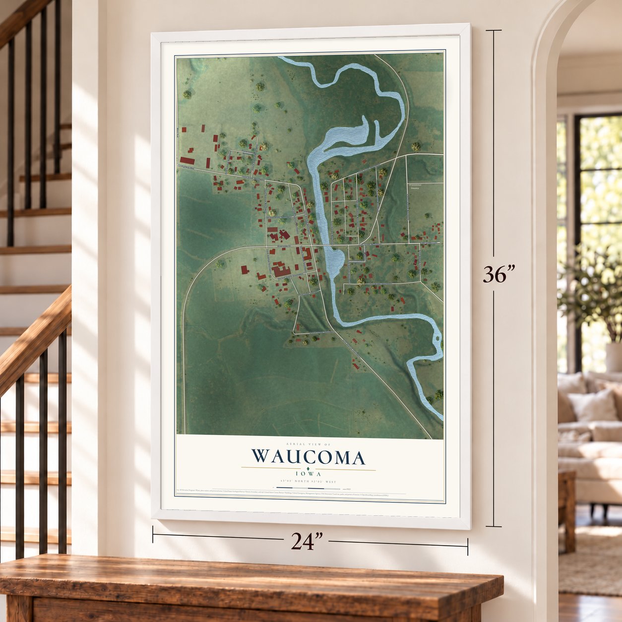 Waucoma, Iowa map, 24 x 36 inch print in a white frame by a staircase