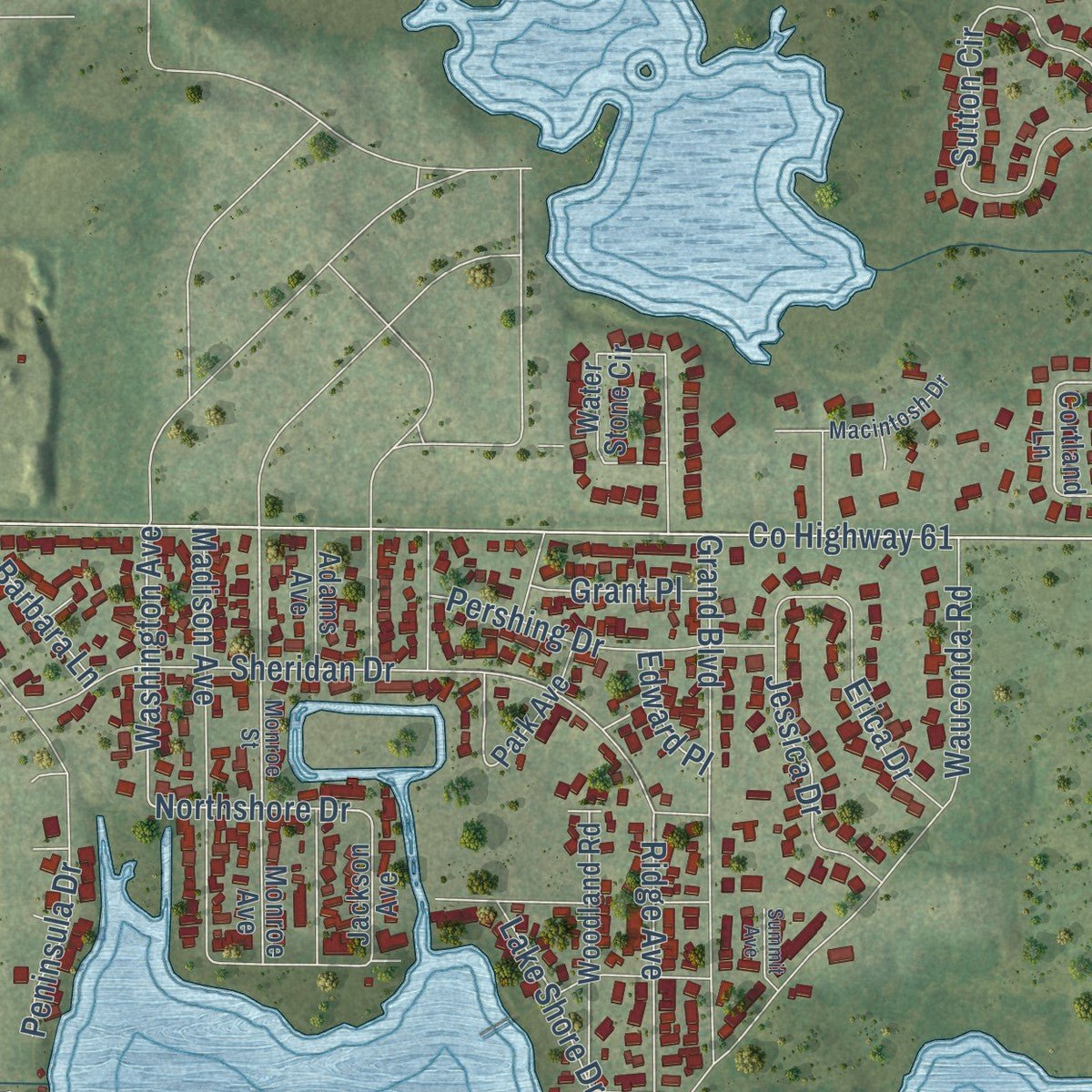 Second close-up of the map of Wauconda, Illinois print showing more streets and buildings