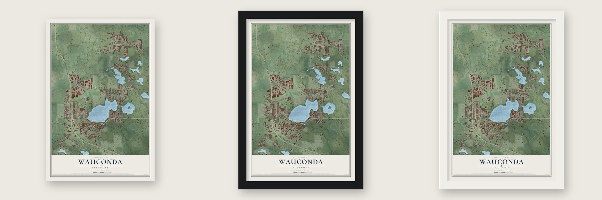 Wauconda, Illinois map unframed, in a black wood frame and in a white wood frame