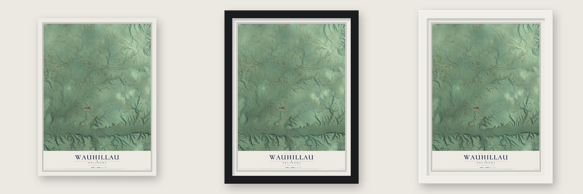 Wauhillau, Oklahoma map unframed, in a black wood frame and in a white wood frame