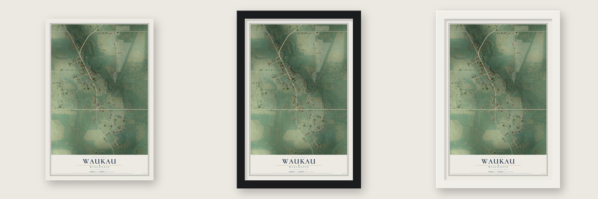 Waukau, Wisconsin map unframed, in a black wood frame and in a white wood frame