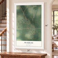 Waukau, Wisconsin map, 24 x 36 inch print in a white frame by a staircase
