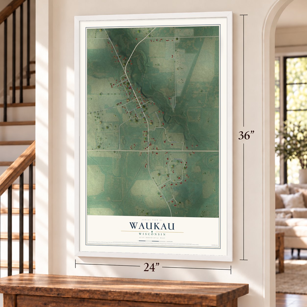 Waukau, Wisconsin map, 24 x 36 inch print in a white frame by a staircase