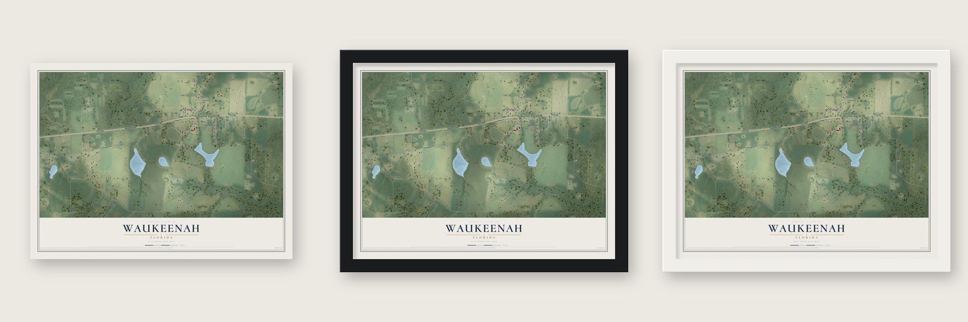 Waukeenah, Florida map unframed, in a black wood frame and in a white wood frame
