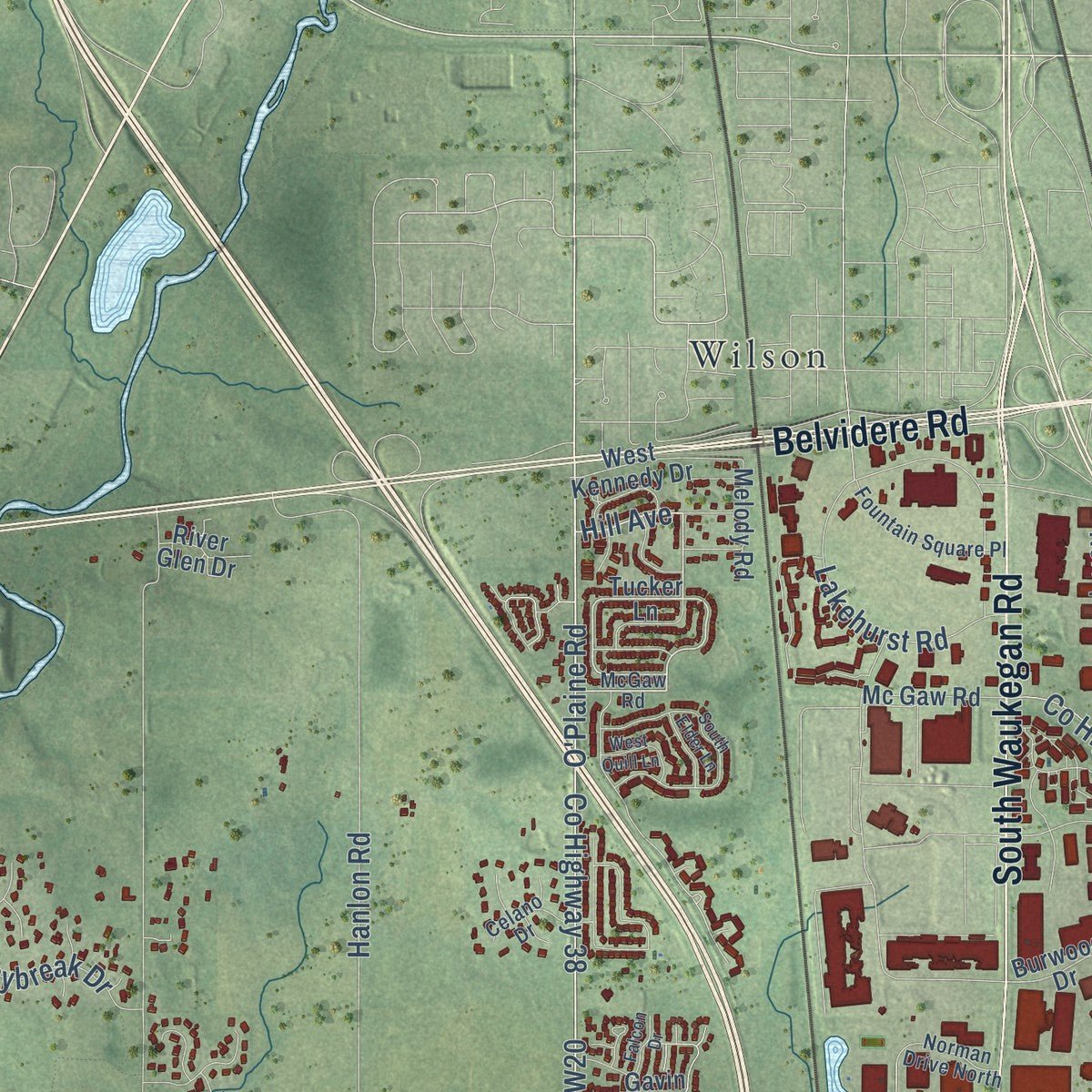 Second close-up of the map of Waukegan, Illinois print showing more streets and buildings