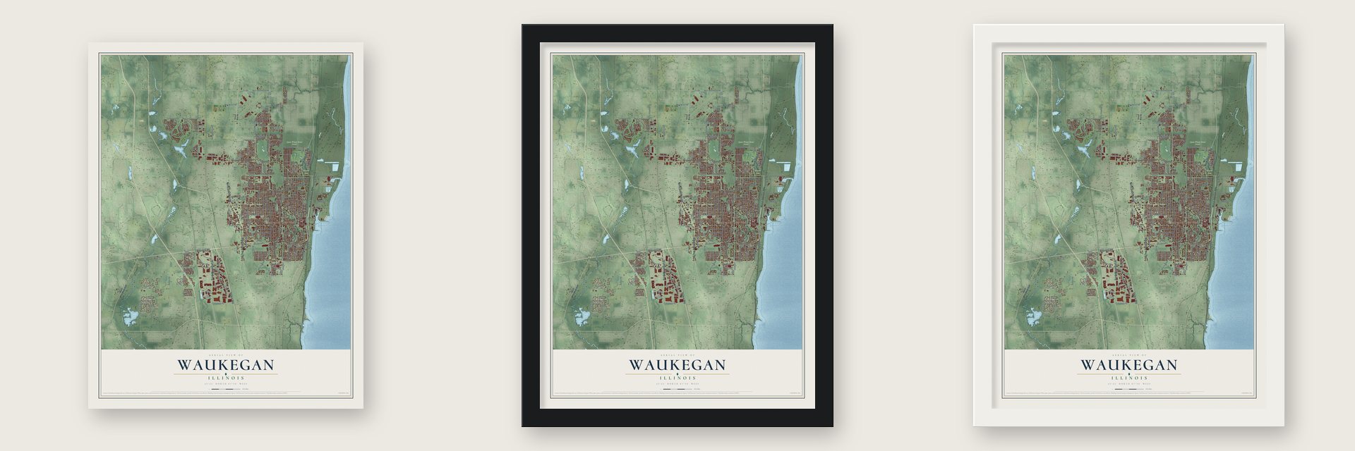 Waukegan, Illinois map unframed, in a black wood frame and in a white wood frame