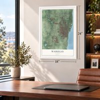 Waukegan, Illinois map, 18 x 24 inch print in a white frame in a home office
