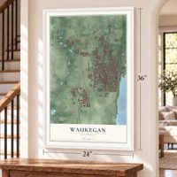 Waukegan, Illinois map, 24 x 36 inch print in a white frame by a staircase
