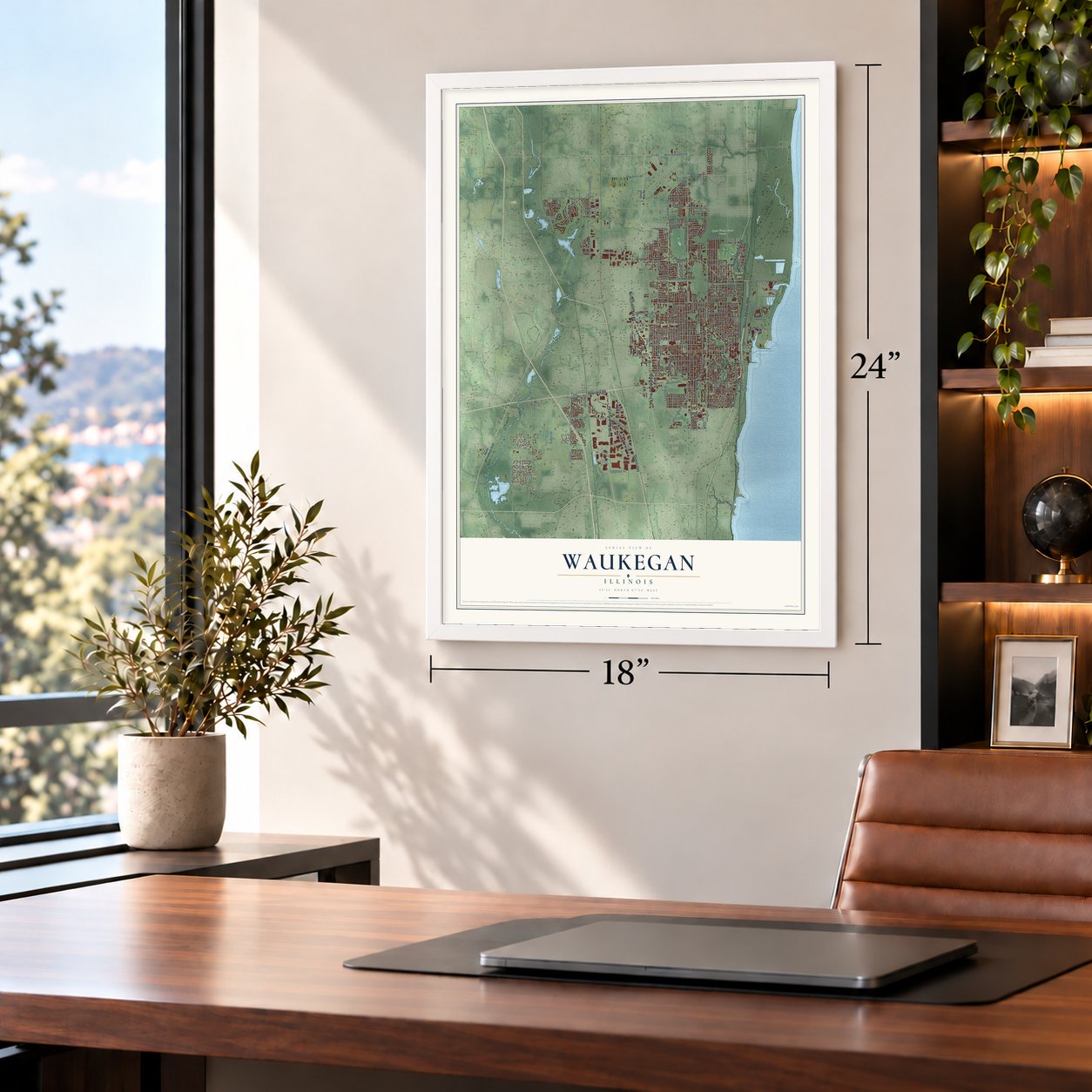 Waukegan, Illinois map, 18 x 24 inch print in a white frame in a home office