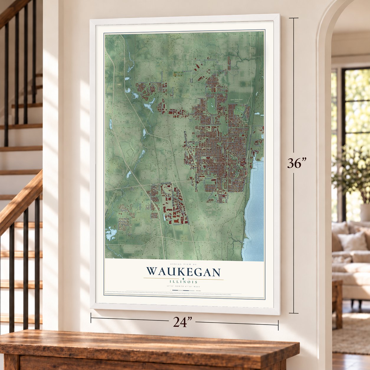 Waukegan, Illinois map, 24 x 36 inch print in a white frame by a staircase