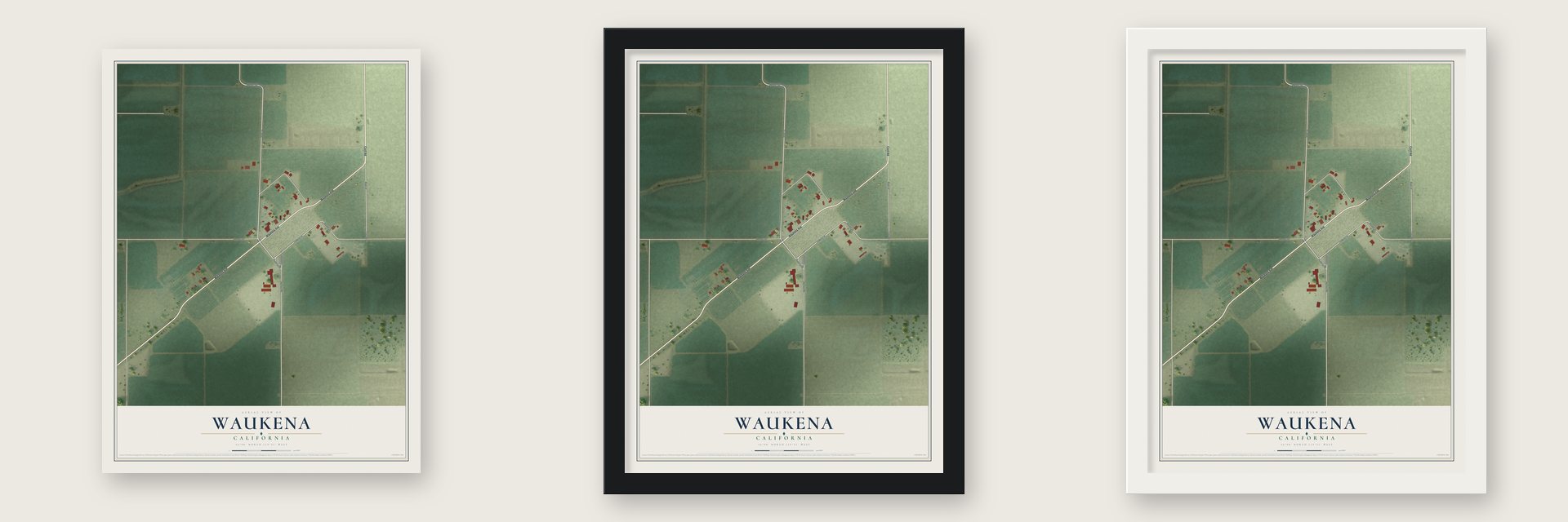 Waukena, California map unframed, in a black wood frame and in a white wood frame