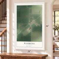 Waukena, California map, 24 x 36 inch print in a white frame by a staircase