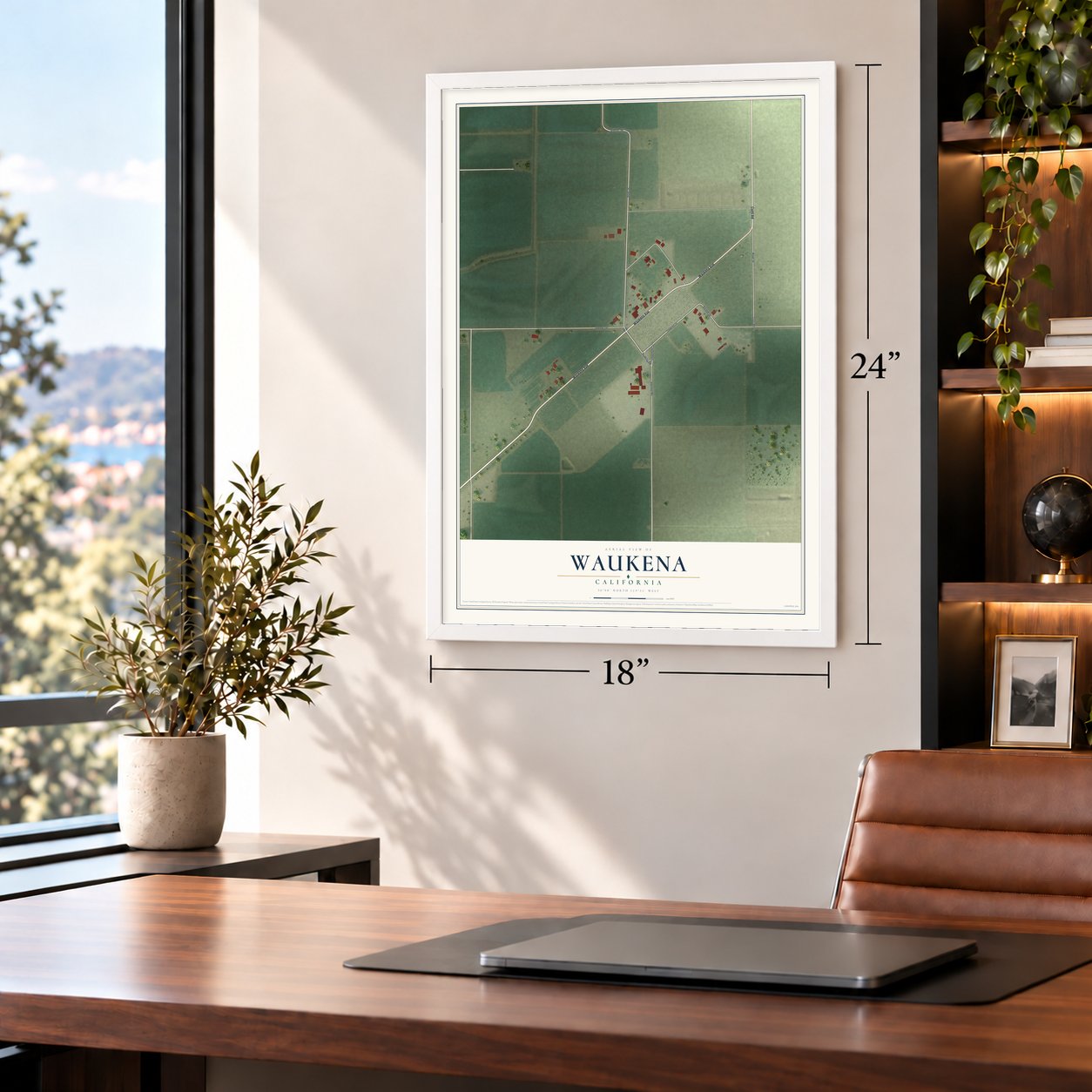 Waukena, California map, 18 x 24 inch print in a white frame in a home office