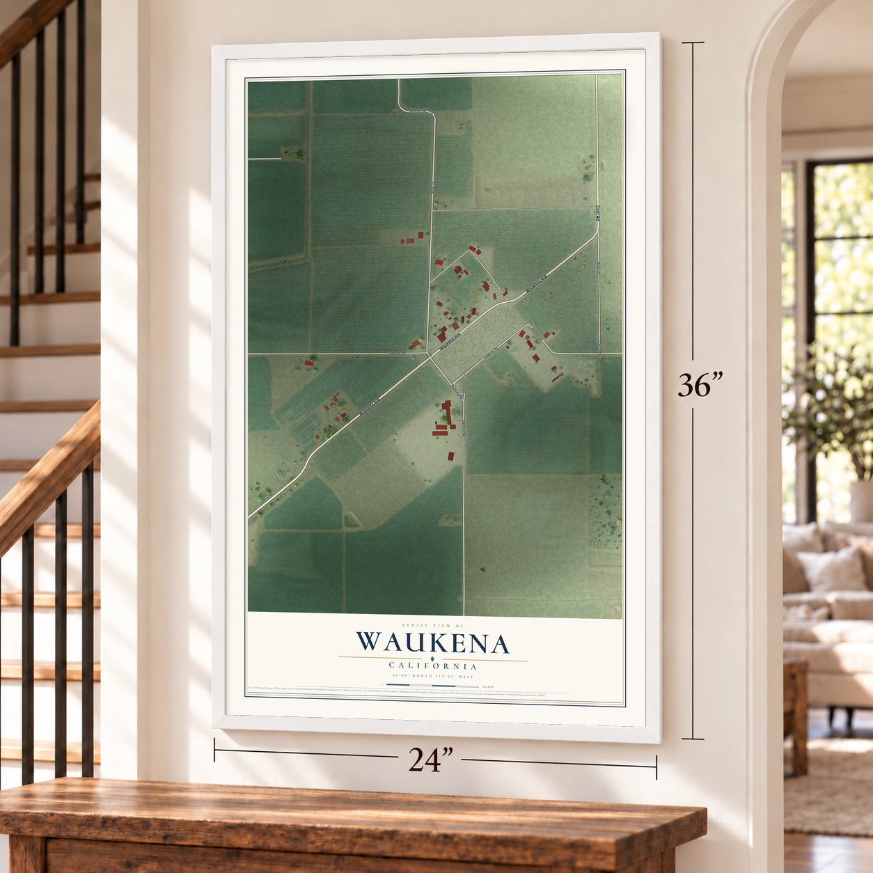 Waukena, California map, 24 x 36 inch print in a white frame by a staircase