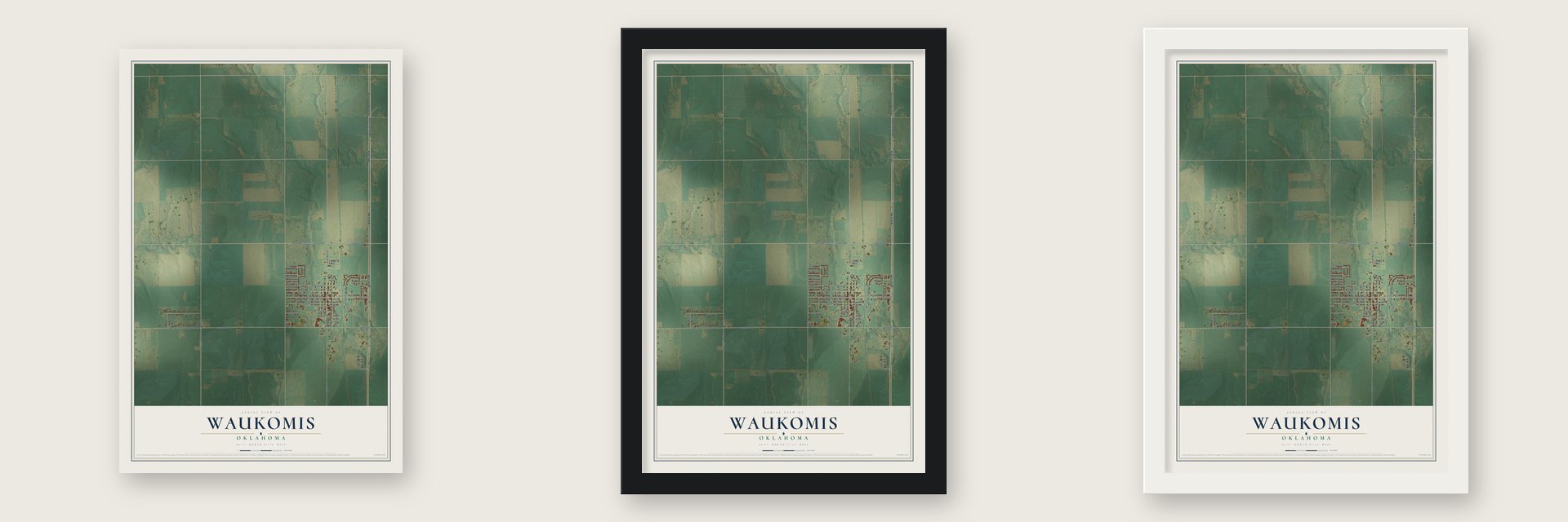 Waukomis, Oklahoma map unframed, in a black wood frame and in a white wood frame