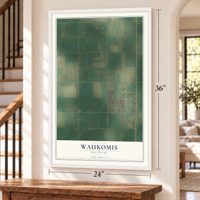 Waukomis, Oklahoma map, 24 x 36 inch print in a white frame by a staircase