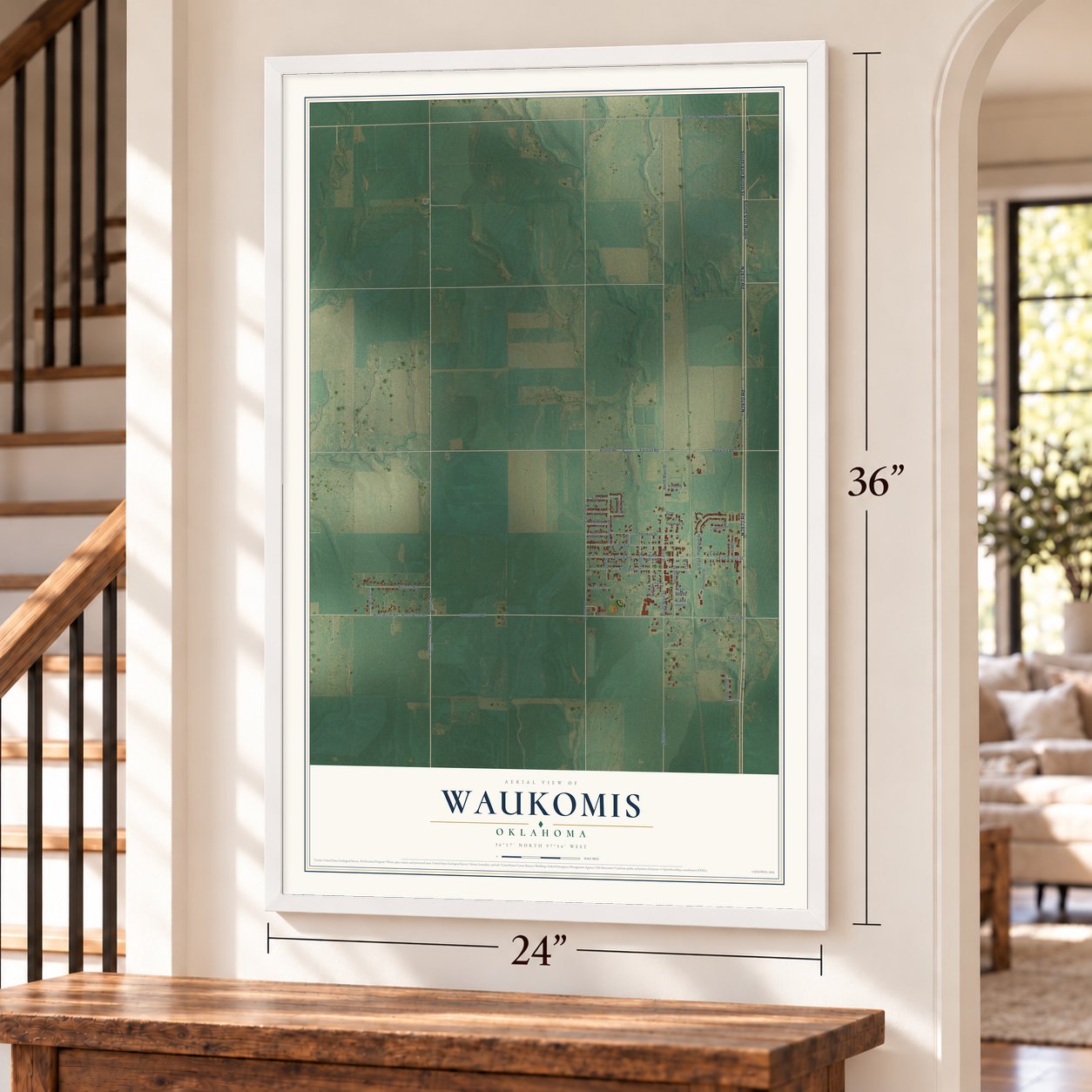 Waukomis, Oklahoma map, 24 x 36 inch print in a white frame by a staircase