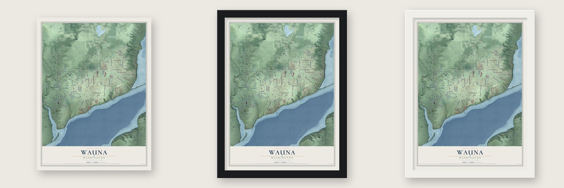 Wauna, Washington map unframed, in a black wood frame and in a white wood frame