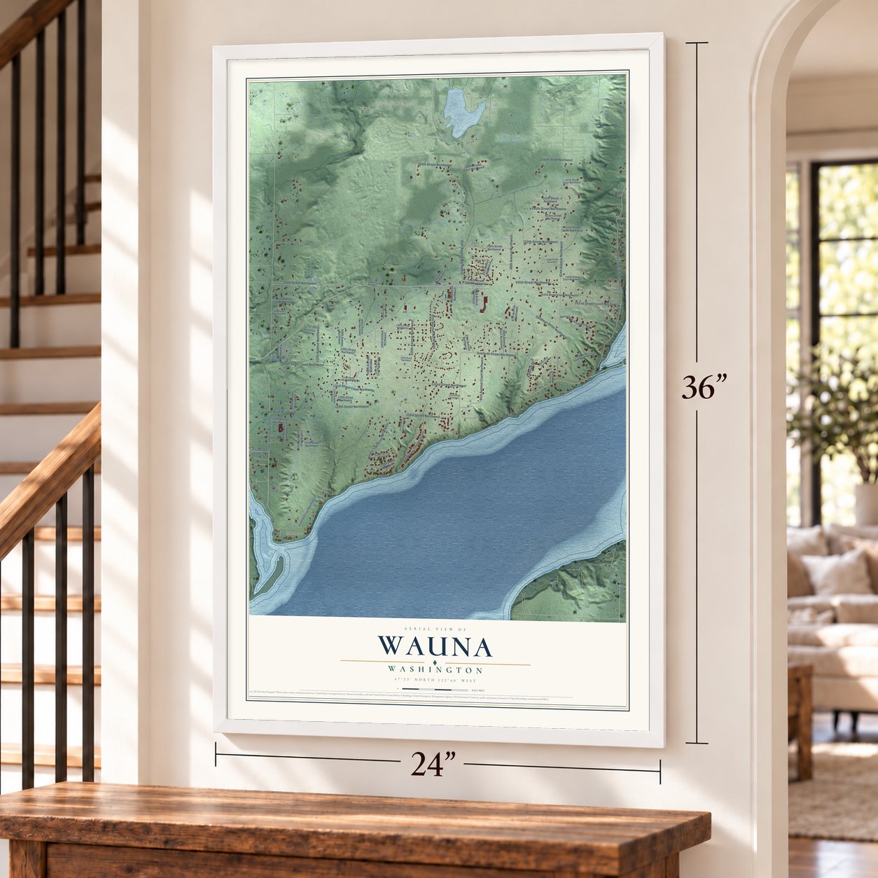 Wauna, Washington map, 24 x 36 inch print in a white frame by a staircase