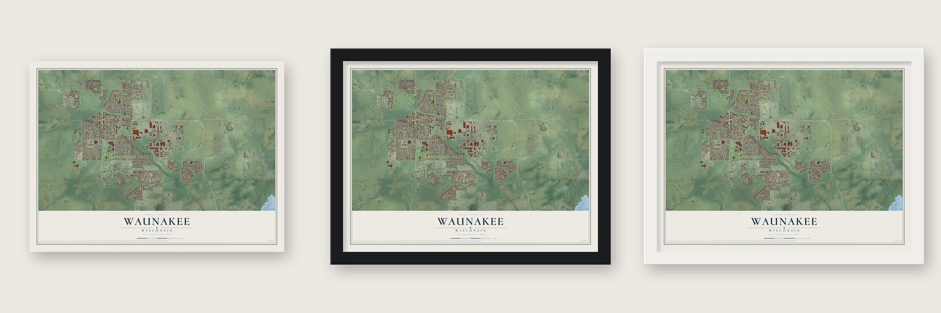 Waunakee, Wisconsin map unframed, in a black wood frame and in a white wood frame