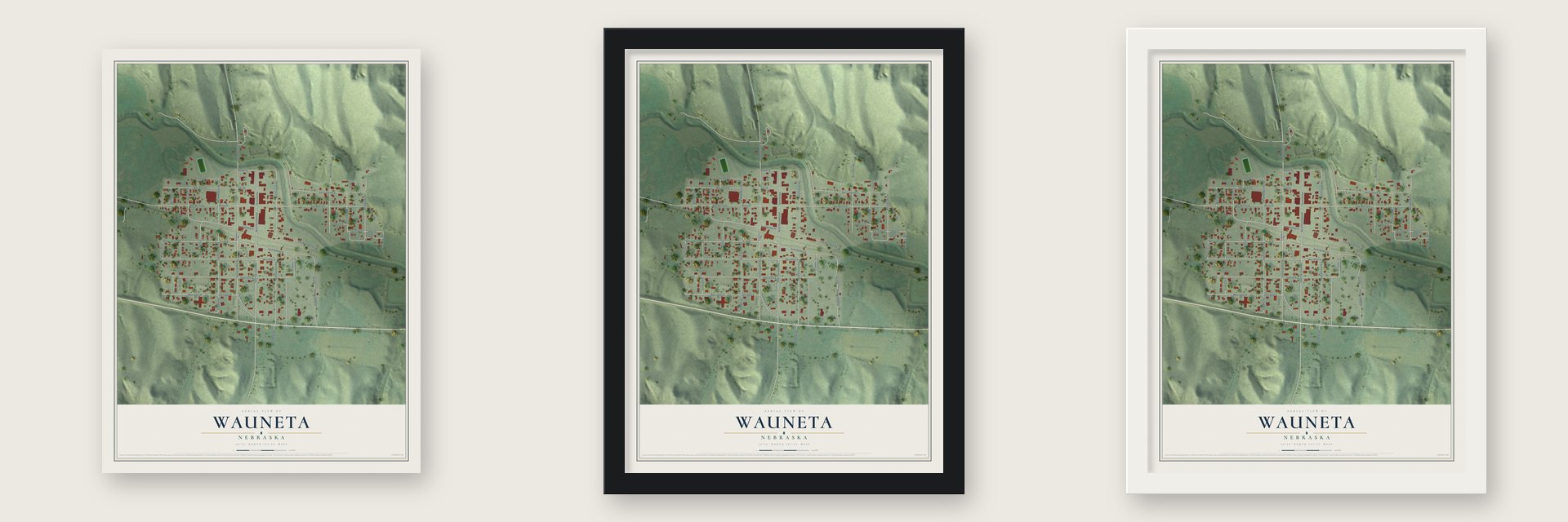 Wauneta, Nebraska map unframed, in a black wood frame and in a white wood frame